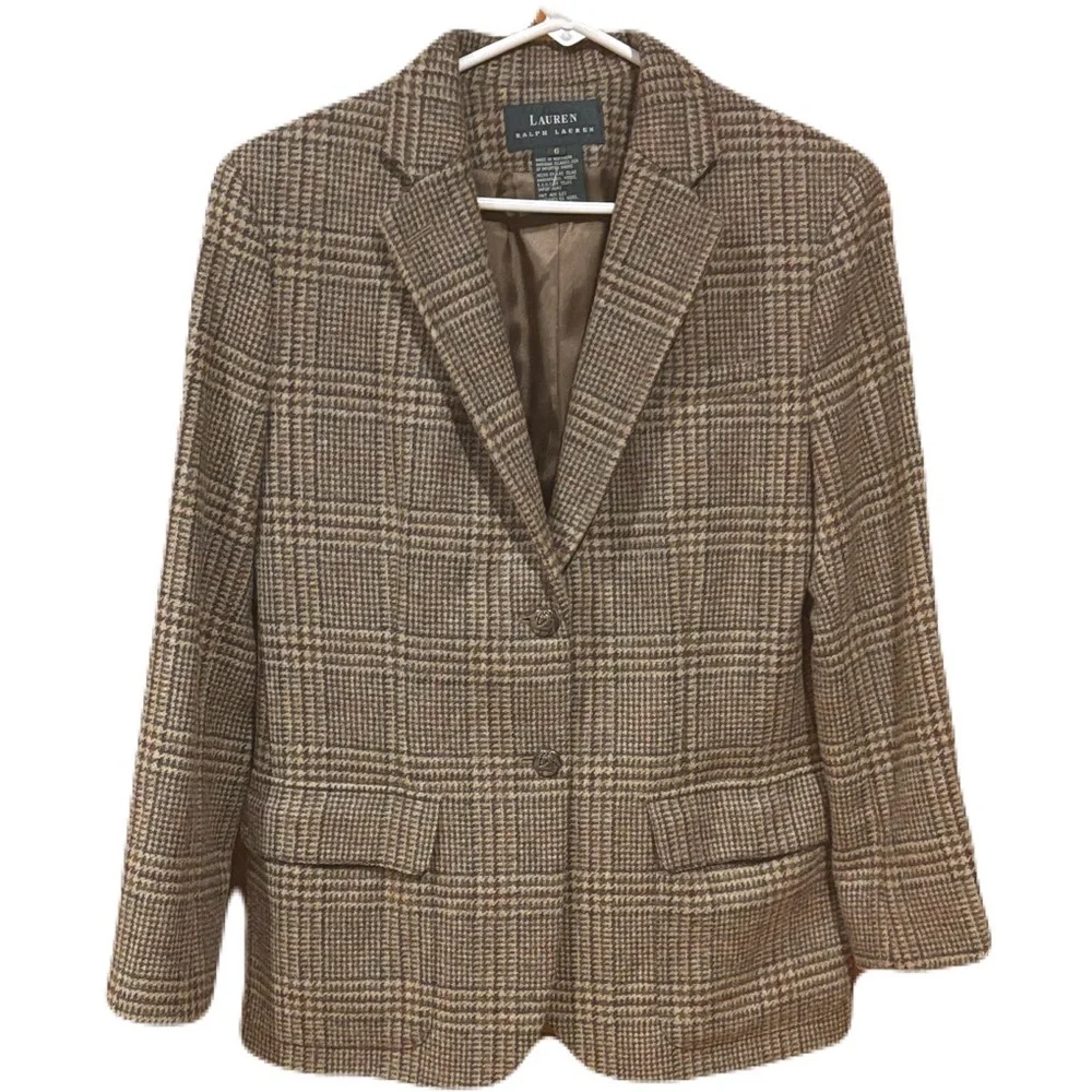 Lauren Ralph Lauren Equestrian Tweed Blazer Pure Wool Tan Beige Sz 6